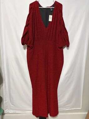 Ashley Stewart Deep V Red Maxi Dress with Gathered Balloon Sleeves